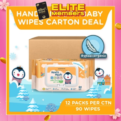 WATSONS Hand & Mouth  Baby Wipes 100% Eco-Friendly Soft Wipes Hypoallergenic (Made For Baby's Sensitive Skin + Approved By Eurotox Accredited Toxicologist) 90s X 12 Packs (per carton)
