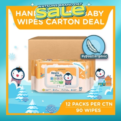 WATSONS - Hand & Mouth  Baby Wipes 100% Eco-Friendly Soft Wipes Hypoallergenic (Made For Baby's Sensitive Skin + Approved By Eurotox Accredited Toxicologist) 90s X 12 Packs (per carton)
