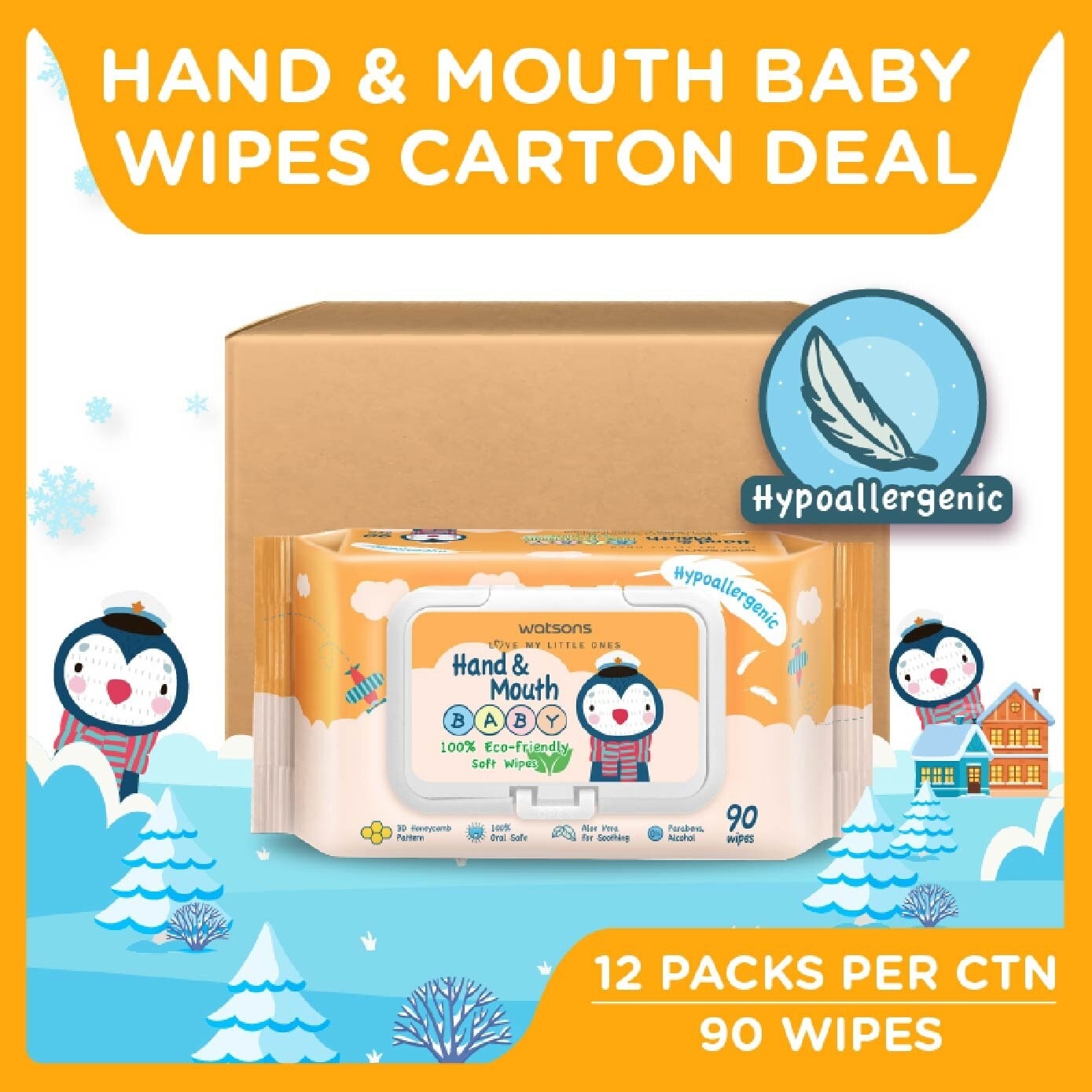 Hand & Mouth  Baby Wipes 100% Eco-Friendly Soft Wipes Hypoallergenic (Made For Baby's Sensitive Skin + Approved By Eurotox Accredited Toxicologist) 90s X 12 Packs (per carton)