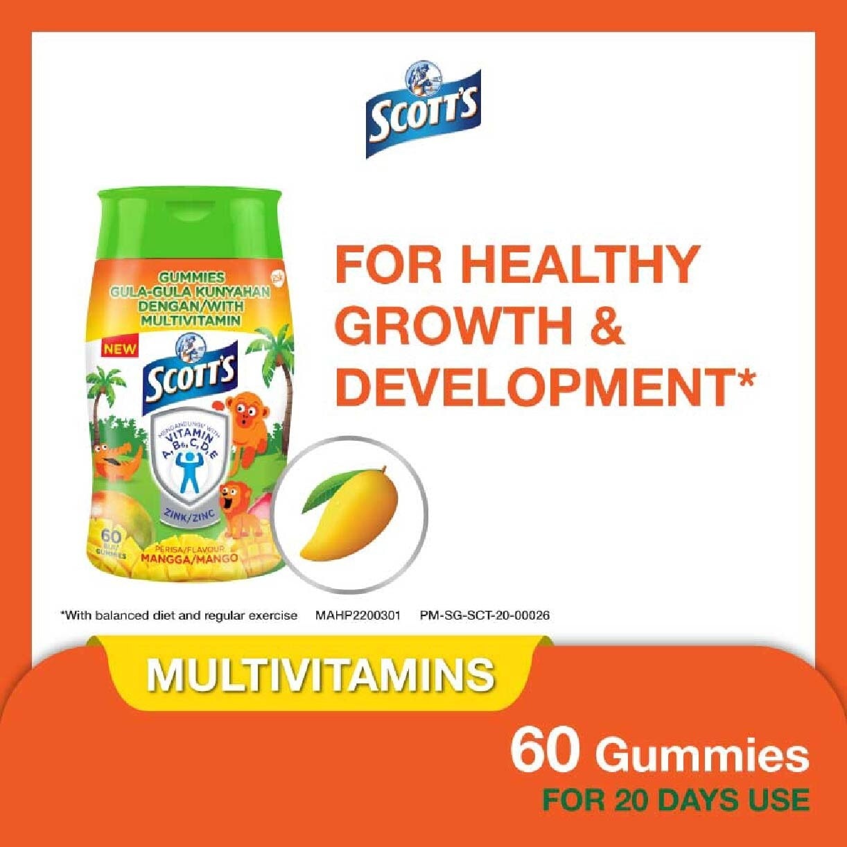 Multivitamins Gummies Mango (Support Immunity + Bone Growth And Healthy Vision for Children) 60s