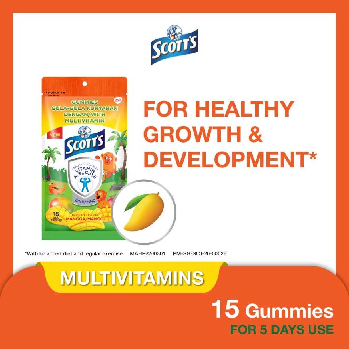 Multivitamins Gummies Mango (Support Immunity + Bone Growth And Healthy Vision for Children) 15s