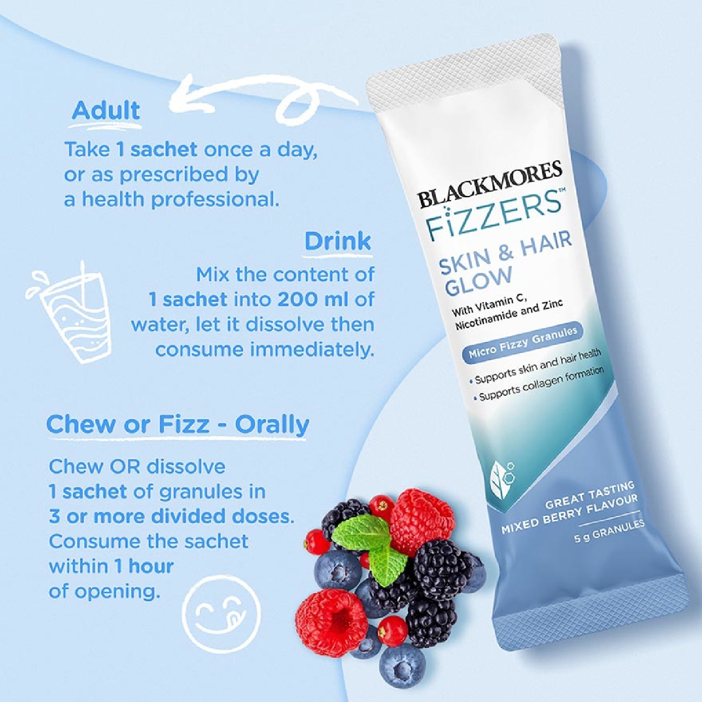 Fizzers Skin & Hair Glow Mixed Berry Flavour 5g x 5s
