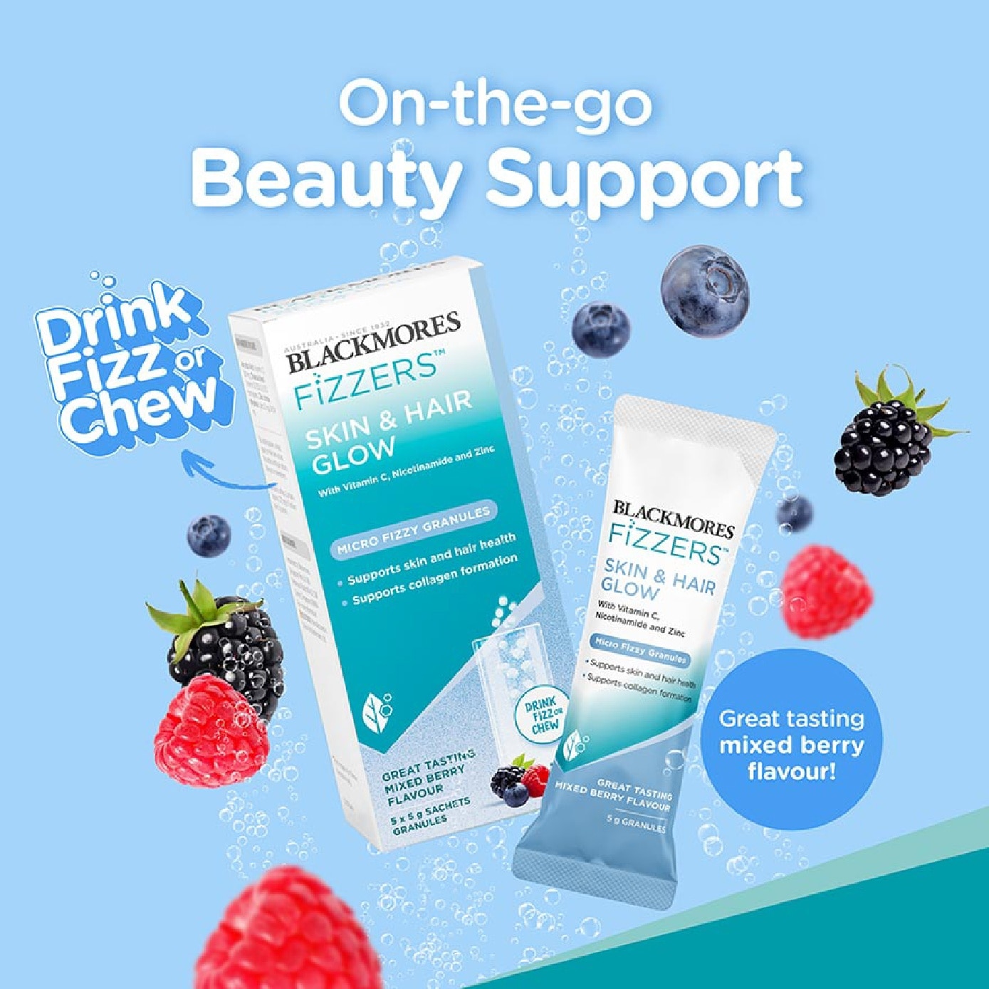 Fizzers Skin & Hair Glow Mixed Berry Flavour 5g x 5s