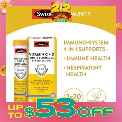 SWISSE Ultiboost Vitamin C + D, Zinc & Echinacea Effervescent Tablet 20s x 2 Tube