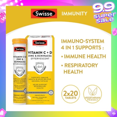 SWISSE Ultiboost Vitamin C + D, Zinc & Echinacea Effervescent Tablet 20s x 2 Tube