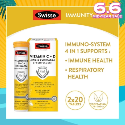 SWISSE Ultiboost Vitamin C + D, Zinc & Echinacea Effervescent Tablet 20s x 2 Tube