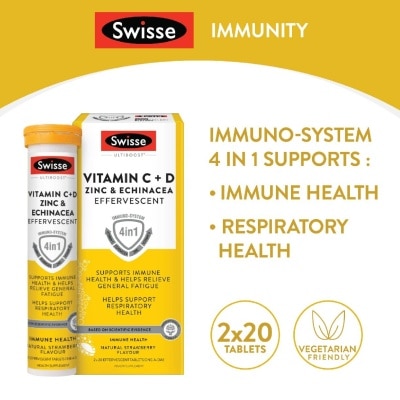 SWISSE Ultiboost Vitamin C + D, Zinc & Echinacea Effervescent Tablet 20s x 2 Tube