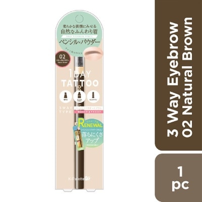 K-PALETTE Lasting 3 Way Eyebrow Pencil, 102 Natural Brown Renewal, (Create A Fluffy, Natural Looking Eyebrow) 1s