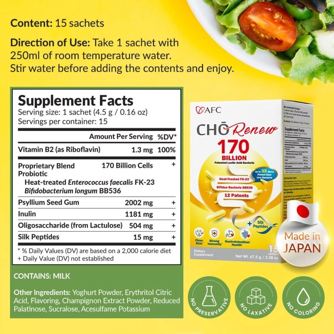 JAPAN CHO Renew Dietary Supplement Sachet (For Constipation, Bloating, Bowel Regularity, Weight Loss, Intestinal & Gut Health, Clear Skin, Immunity) 15s