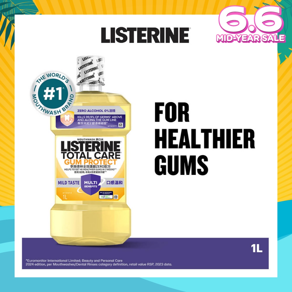 Listerine Gum Care Zero Non Alcohol Mouthwash Herbal Ginger Less Intense Taste 1000ml