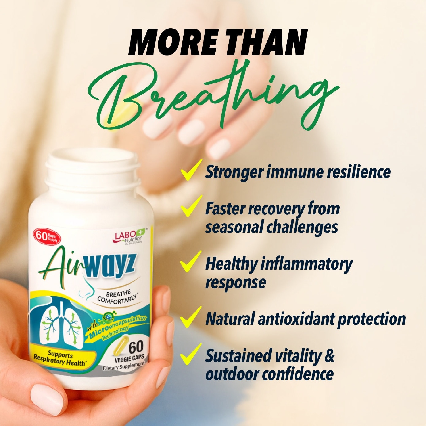 Airwayz Dietary Supplement Veggie Capsule (For Respiratory Health, Sinus, Nasal Flow, Lung & Immunity) 60s