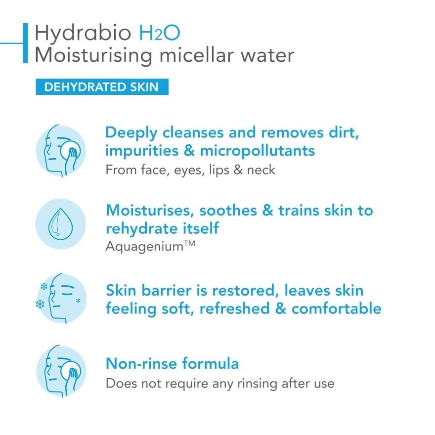 Hydrabio H2O Moisturising Micellar Water (Facial Non-Rinse Cleanser for Dehydrated Sensitive Skin)  100ml