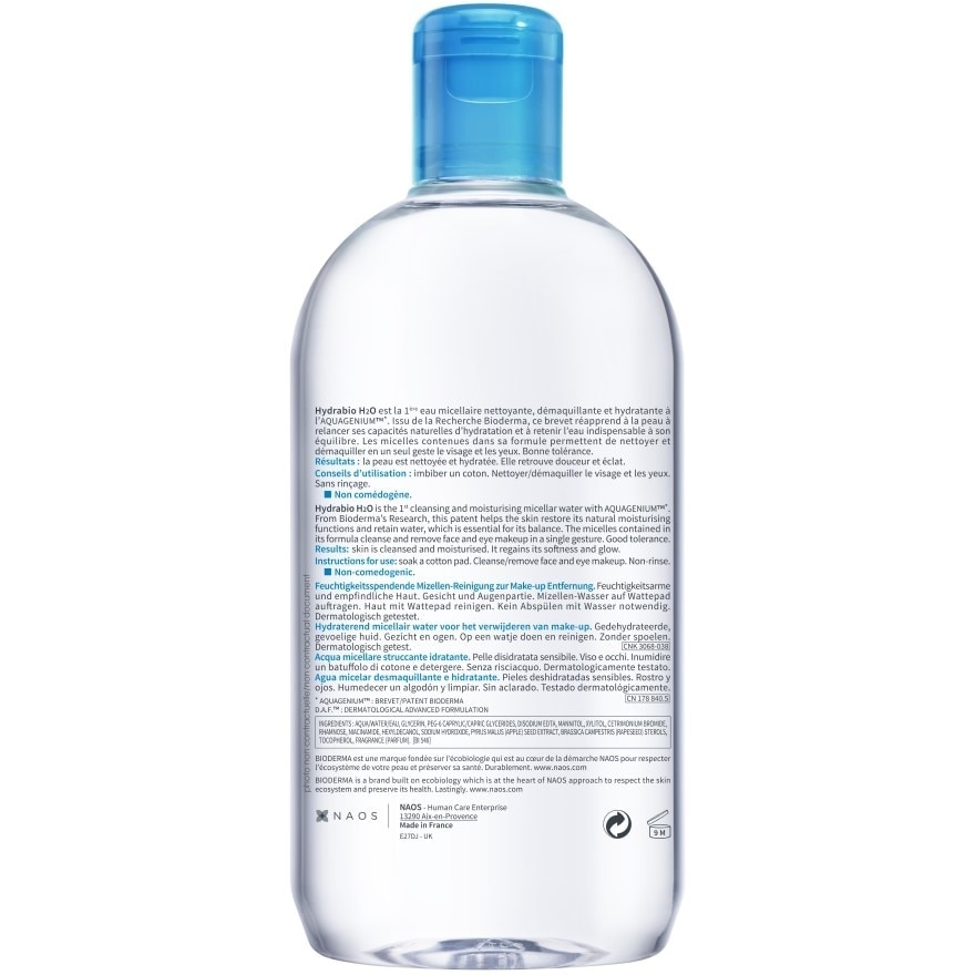 Hydrabio H2O Moisturising Micellar Water (Facial Non-Rinse Cleanser for Dehydrated Sensitive Skin) 500ml