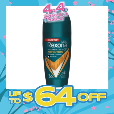 REXONA - Men Motion Activated Adventure Antiperspirant Deodorant Roll On (Anti Stain & Bold Woody Scent) 45ml (Expiry: Nov`2026)