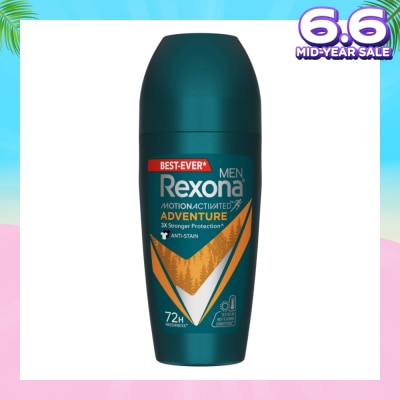REXONA Men Motion Activated Adventure Antiperspirant Deodorant Roll On (Anti Stain & Bold Woody Scent) 45ml