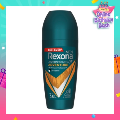 REXONA Men Motion Activated Adventure Antiperspirant Deodorant Roll On (Anti Stain & Bold Woody Scent) 45ml