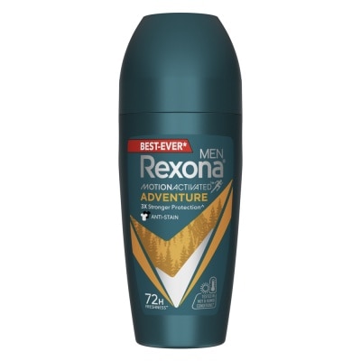 REXONA Men Motion Activated Adventure Antiperspirant Deodorant Roll On (Anti Stain & Bold Woody Scent) 45ml