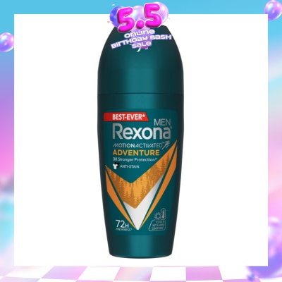 REXONA - Men Motion Activated Adventure Antiperspirant Deodorant Roll On (Anti Stain & Bold Woody Scent) 45ml (Expiry: Feb`2027)