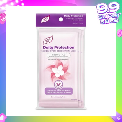 PURE N SOFT Daily Protection Flushable & Plant-based Feminine Wipes (Prebiotics + Anti-bacterial + Odour Protection) 10s x 3 Packs
