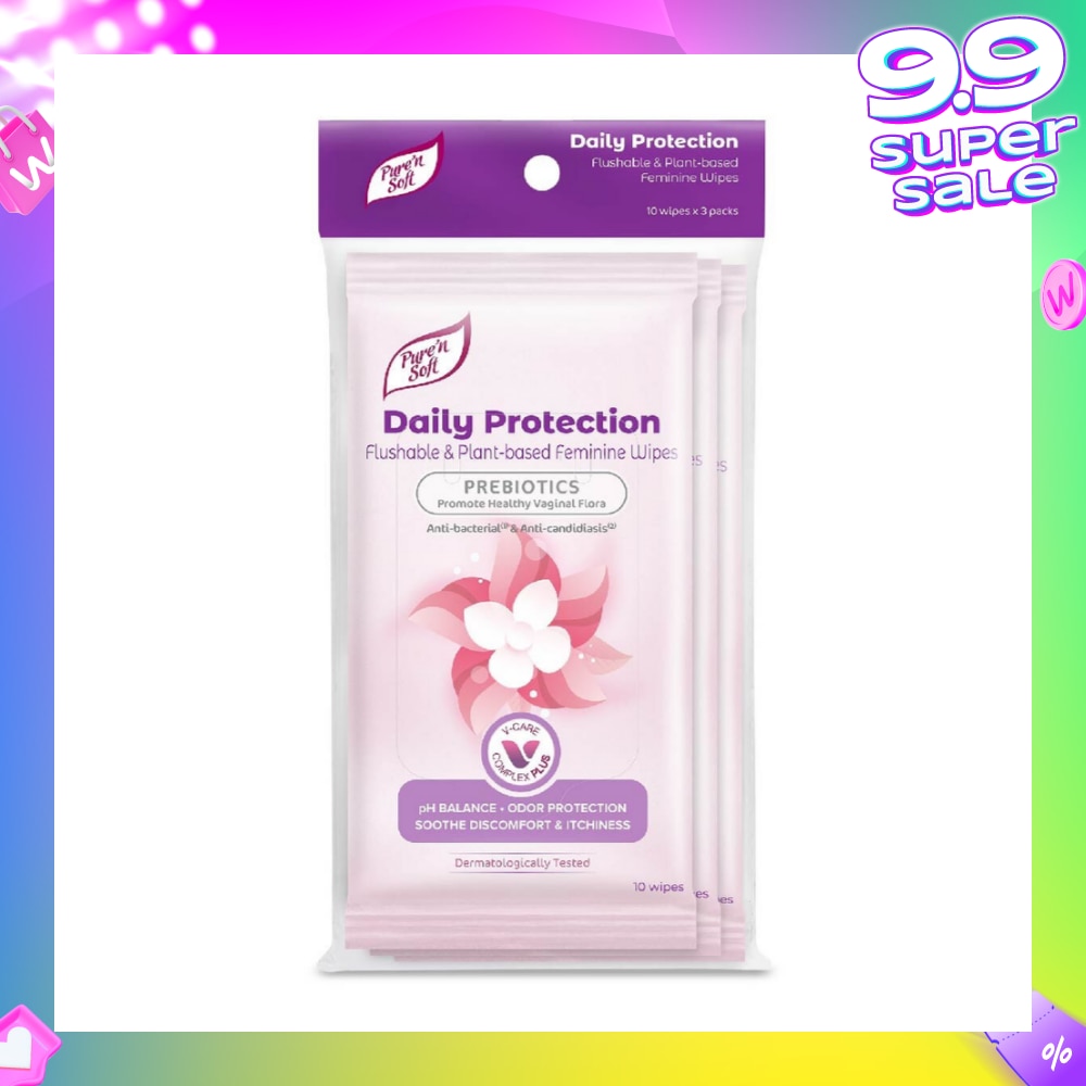 Daily Protection Flushable & Plant-based Feminine Wipes (Prebiotics + Anti-bacterial + Odour Protection) 10s x 3 Packs