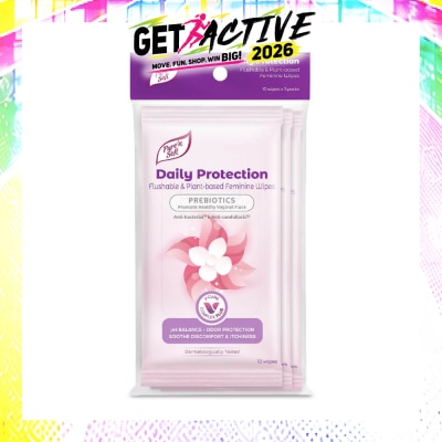 PURE N SOFT - Daily Protection Flushable & Plant-based Feminine Wipes (Prebiotics + Anti-bacterial + Odour Protection) 10s x 3 Packs image