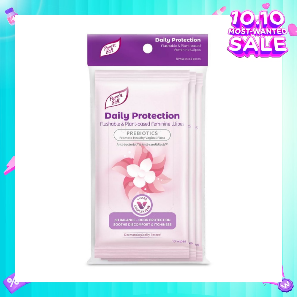 Daily Protection Flushable & Plant-based Feminine Wipes (Prebiotics + Anti-bacterial + Odour Protection) 10s x 3 Packs