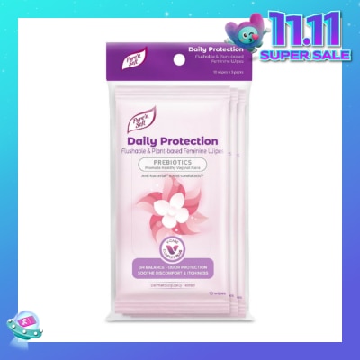 PURE N SOFT Daily Protection Flushable & Plant-based Feminine Wipes (Prebiotics + Anti-bacterial + Odour Protection) 10s x 3 Packs