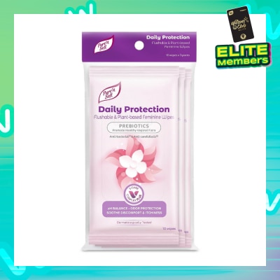 PURE N SOFT Daily Protection Flushable & Plant-based Feminine Wipes (Prebiotics + Anti-bacterial + Odour Protection) 10s x 3 Packs