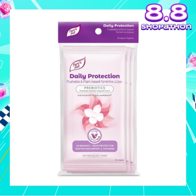 PURE N SOFT Daily Protection Flushable & Plant-based Feminine Wipes (Prebiotics + Anti-bacterial + Odour Protection) 10s x 3 Packs