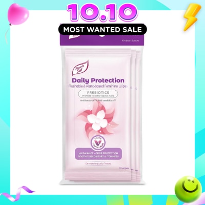 PURE N SOFT Daily Protection Flushable & Plant based Feminine Wipes (Prebiotics + Anti bacterial + Odour Protection) 10s x 3 Packs image