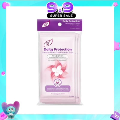 PURE N SOFT - Daily Protection Flushable & Plant-based Feminine Wipes (Prebiotics + Anti-bacterial + Odour Protection) 10s x 3 Packs image