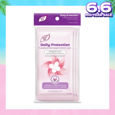 PURE N SOFT Daily Protection Flushable & Plant-based Feminine Wipes (Prebiotics + Anti-bacterial + Odour Protection) 10s x 3 Packs