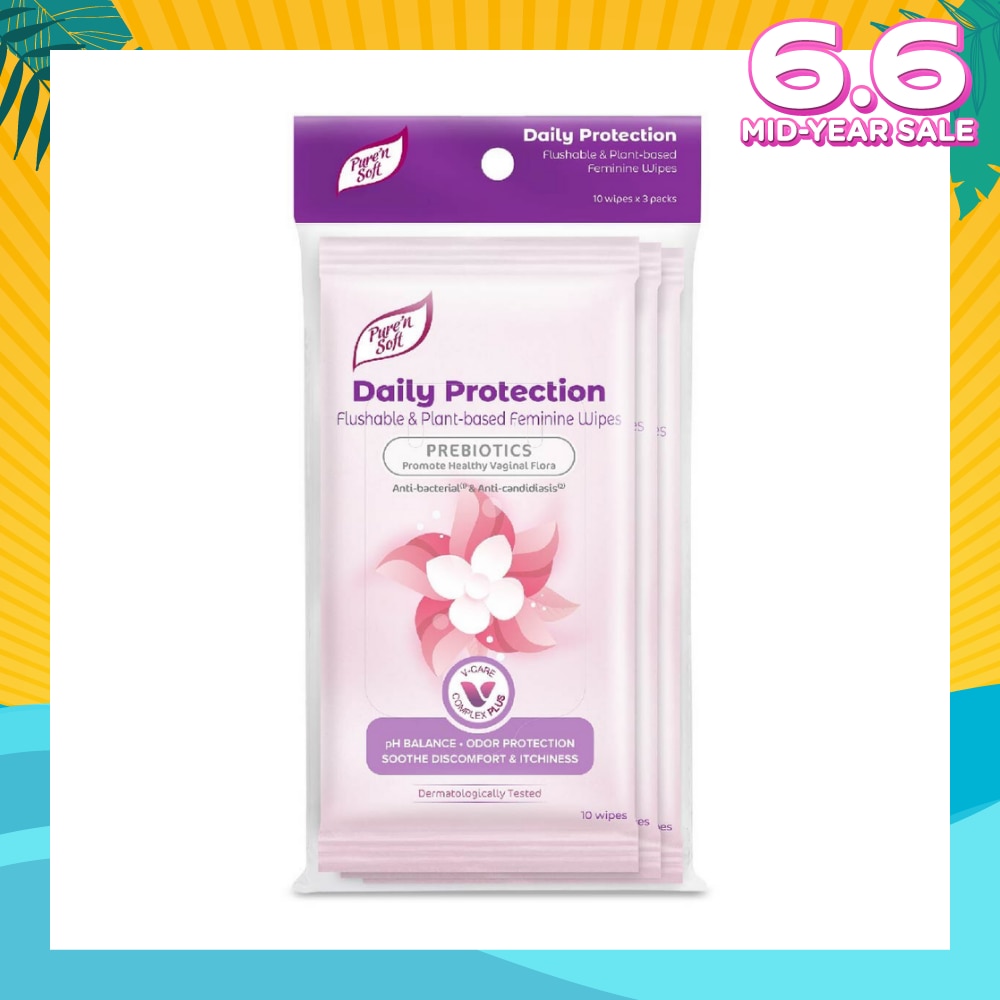 Daily Protection Flushable & Plant-based Feminine Wipes (Prebiotics + Anti-bacterial + Odour Protection) 10s x 3 Packs