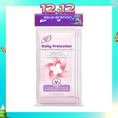 PURE N SOFT Daily Protection Flushable & Plant-based Feminine Wipes (Prebiotics + Anti-bacterial + Odour Protection) 10s x 3 Packs