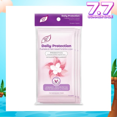 PURE N SOFT Daily Protection Flushable & Plant-based Feminine Wipes (Prebiotics + Anti-bacterial + Odour Protection) 10s x 3 Packs