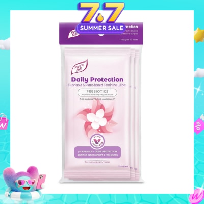 PURE N SOFT - Daily Protection Flushable & Plant-based Feminine Wipes (Prebiotics + Anti-bacterial + Odour Protection) 10s x 3 Packs