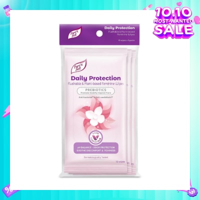 PURE N SOFT Daily Protection Flushable & Plant-based Feminine Wipes (Prebiotics + Anti-bacterial + Odour Protection) 10s x 3 Packs