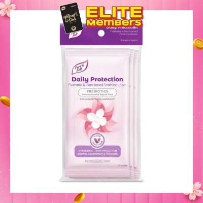 PURE N SOFT Daily Protection Flushable & Plant-based Feminine Wipes (Prebiotics + Anti-bacterial + Odour Protection) 10s x 3 Packs