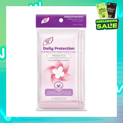 PURE N SOFT Daily Protection Flushable & Plant-based Feminine Wipes (Prebiotics + Anti-bacterial + Odour Protection) 10s x 3 Packs