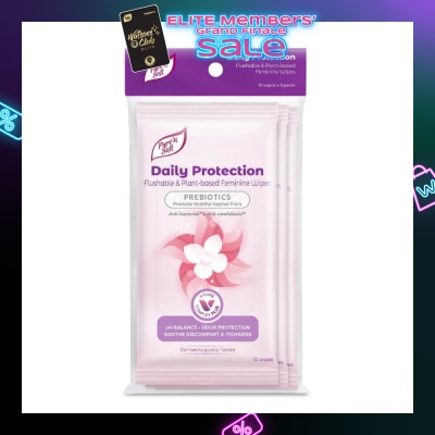PURE N SOFT Daily Protection Flushable & Plant-based Feminine Wipes (Prebiotics + Anti-bacterial + Odour Protection) 10s x 3 Packs