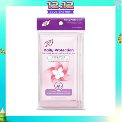 PURE N SOFT Daily Protection Flushable & Plant-based Feminine Wipes (Prebiotics + Anti-bacterial + Odour Protection) 10s x 3 Packs