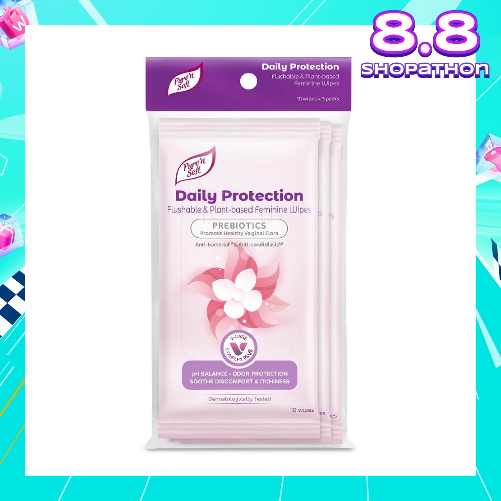 Daily Protection Flushable & Plant-based Feminine Wipes (Prebiotics + Anti-bacterial + Odour Protection) 10s x 3 Packs