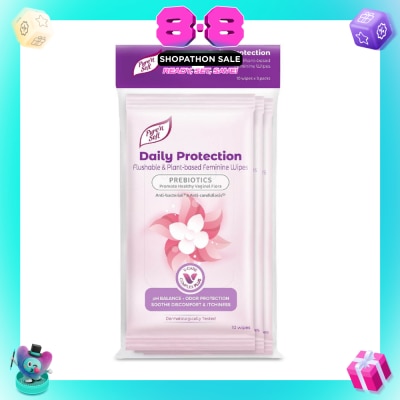 PURE N SOFT - Daily Protection Flushable & Plant-based Feminine Wipes (Prebiotics + Anti-bacterial + Odour Protection) 10s x 3 Packs