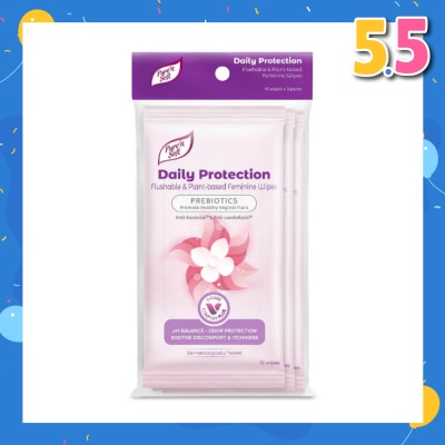 PURE N SOFT Daily Protection Flushable & Plant-based Feminine Wipes (Prebiotics + Anti-bacterial + Odour Protection) 10s x 3 Packs