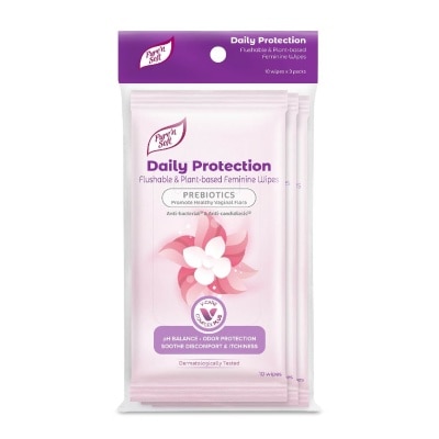 PURE N SOFT Daily Protection Flushable & Plant-based Feminine Wipes (Prebiotics + Anti-bacterial + Odour Protection) 10s x 3 Packs