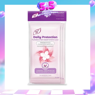 PURE N SOFT - Daily Protection Flushable & Plant-based Feminine Wipes (Prebiotics + Anti-bacterial + Odour Protection) 10s x 3 Packs