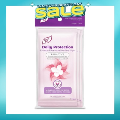 PURE N SOFT - Daily Protection Flushable & Plant-based Feminine Wipes (Prebiotics + Anti-bacterial + Odour Protection) 10s x 3 Packs