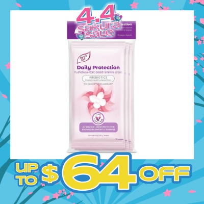 PURE N SOFT - Daily Protection Flushable & Plant-based Feminine Wipes (Prebiotics + Anti-bacterial + Odour Protection) 10s x 3 Packs