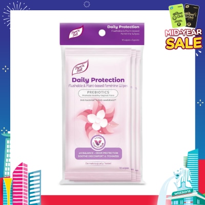 PURE N SOFT Daily Protection Flushable & Plant-based Feminine Wipes (Prebiotics + Anti-bacterial + Odour Protection) 10s x 3 Packs