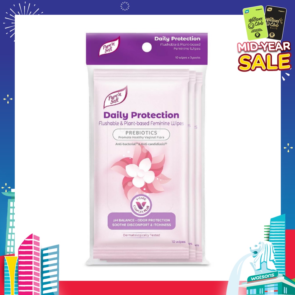 Daily Protection Flushable & Plant-based Feminine Wipes (Prebiotics + Anti-bacterial + Odour Protection) 10s x 3 Packs